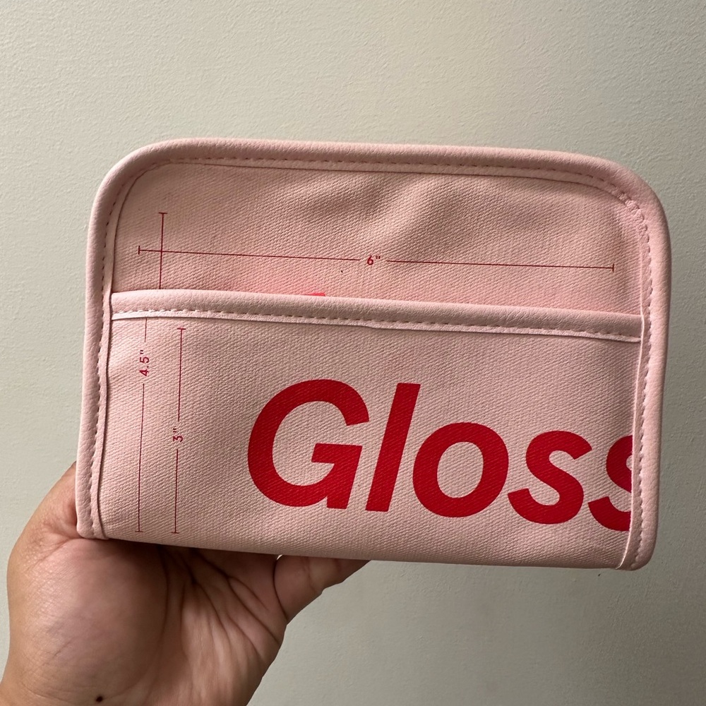 Glossier Pink Cosmetic Pouch with Red Logo